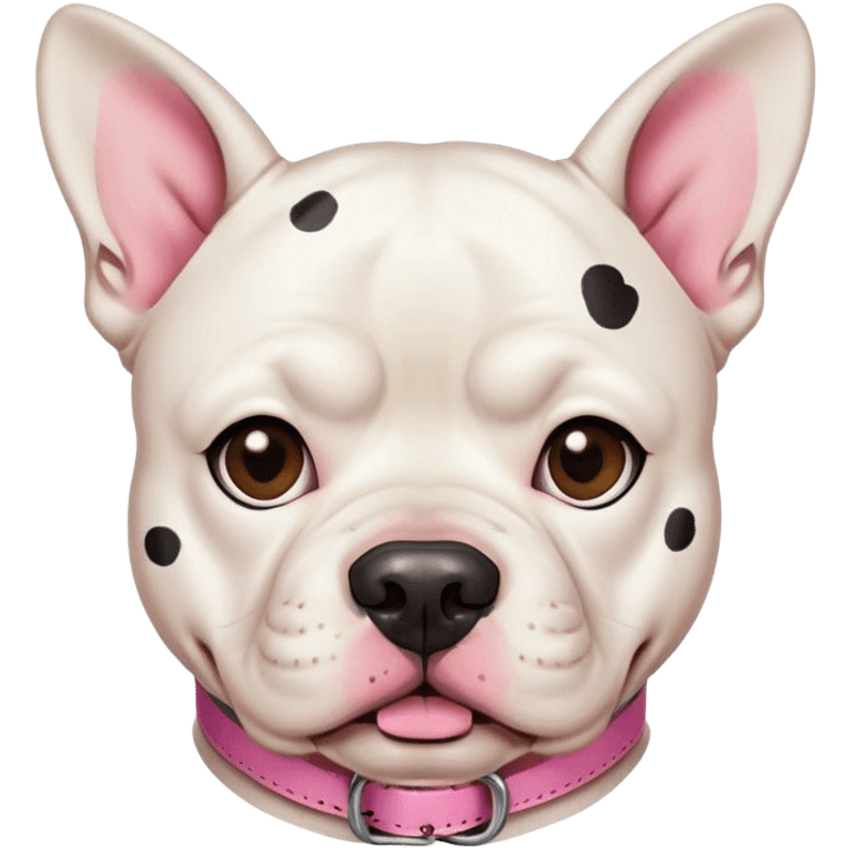 White american bull dog with big black spots on eyes pink collar emoji