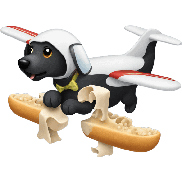 A black Labrador retriever eating a bone on a flying airplane emoji