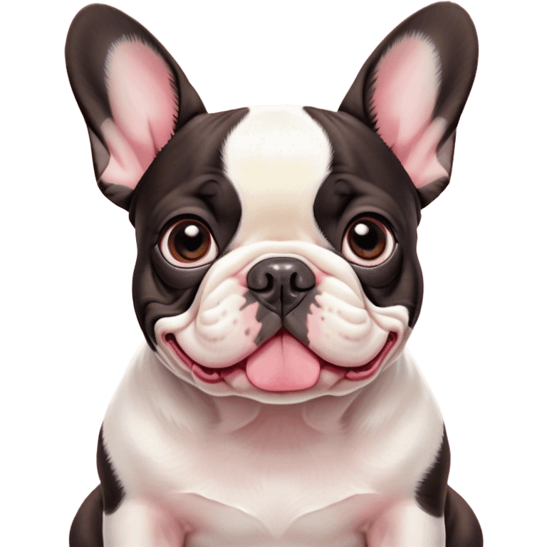 Cinematic Cute Pied French Bulldog Portrait Emoji, Head tilted with a sweet, mischievous grin and large, inviting eyes, featuring a unique pied fur of contrasting colors, simplified yet irresistibly endearing, highly detailed, glowing with a warm, playful radiance, high shine, exuding a quirky charm and affectionate personality, styled with a soft, lighthearted outline, capturing the essence of a cute Pied French Bulldog that looks ready to charm its way into your heart! emoji