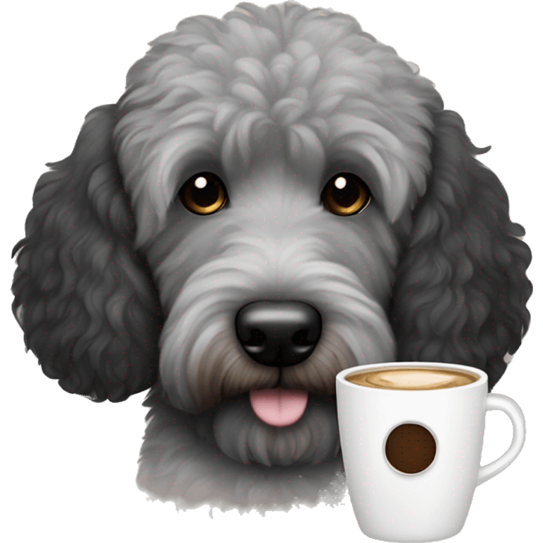 Black and gray goldendoodle dog with black ears and brown eyes with coffee cup  emoji