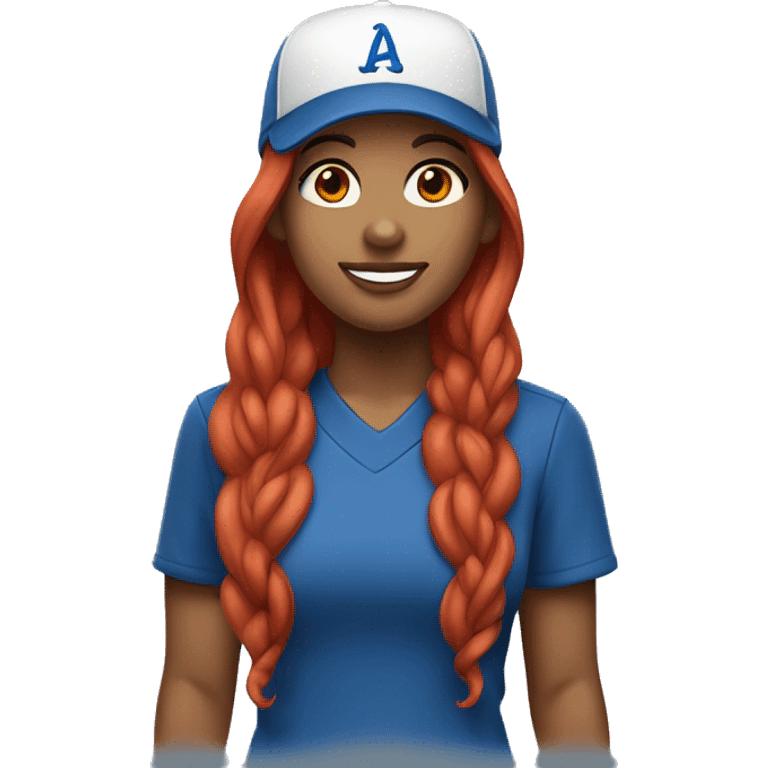 front facing standing up female coach with long red hair, wearing a white t-shirt and a simple baseball blue hat emoji