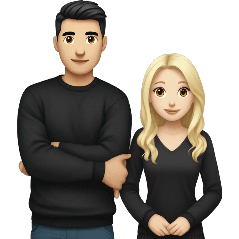 Blonde girl with blue eyes in black sweater and an east asian with light skin man with black hair and black eyes hugging emoji