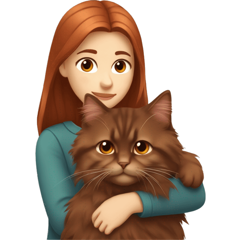 Copper red straight haired girl with brown eyes hugging Dark Brown Siberian cat emoji