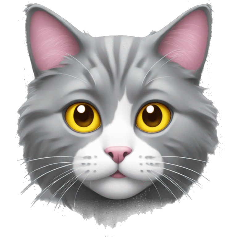 Grey fluffy cat, yellow eye, pink nose, white mouth emoji