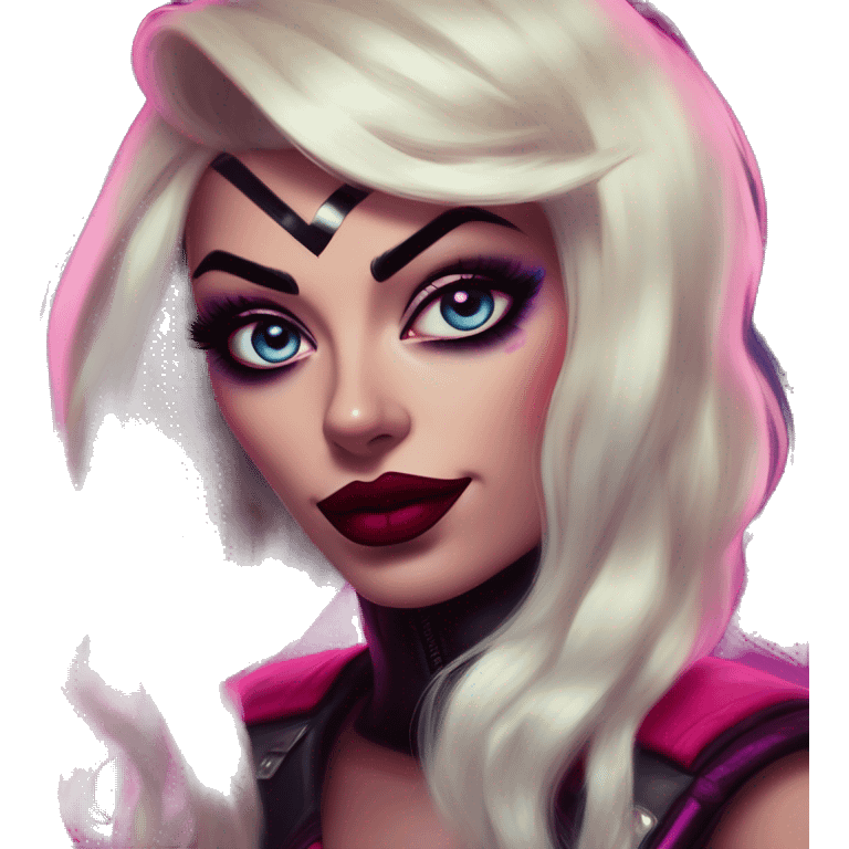 Synthwave Jasmine in Harley Quinn style, oil paint, mysterious eyes, intricate lips, masterpiece portrait, odd perspective, beautiful, desirable, logical emoji