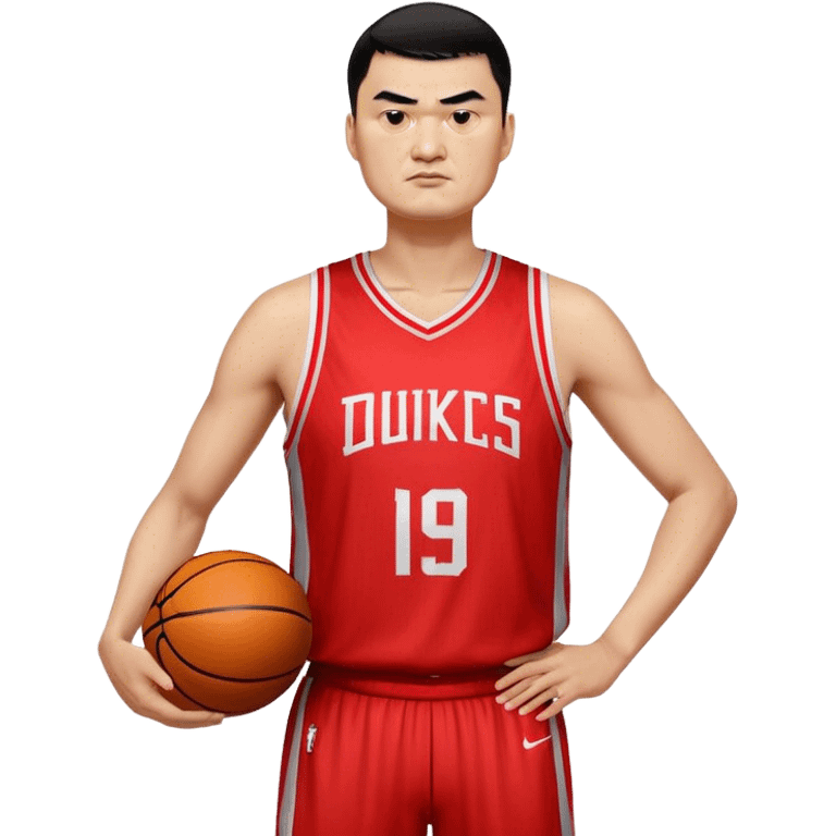 Yao Ming – Cinematic Realistic Portrait of Yao Ming, depicted as a towering basketball icon in a modern uniform, with a gentle yet determined expression and dynamic arena lighting that highlights his immense stature and graceful athleticism. emoji