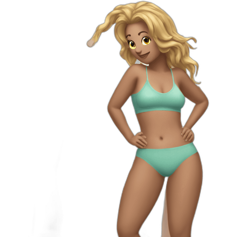 Slim-thicc Caucasian woman small panties hands-in-hair pose (beach body) full body emoji