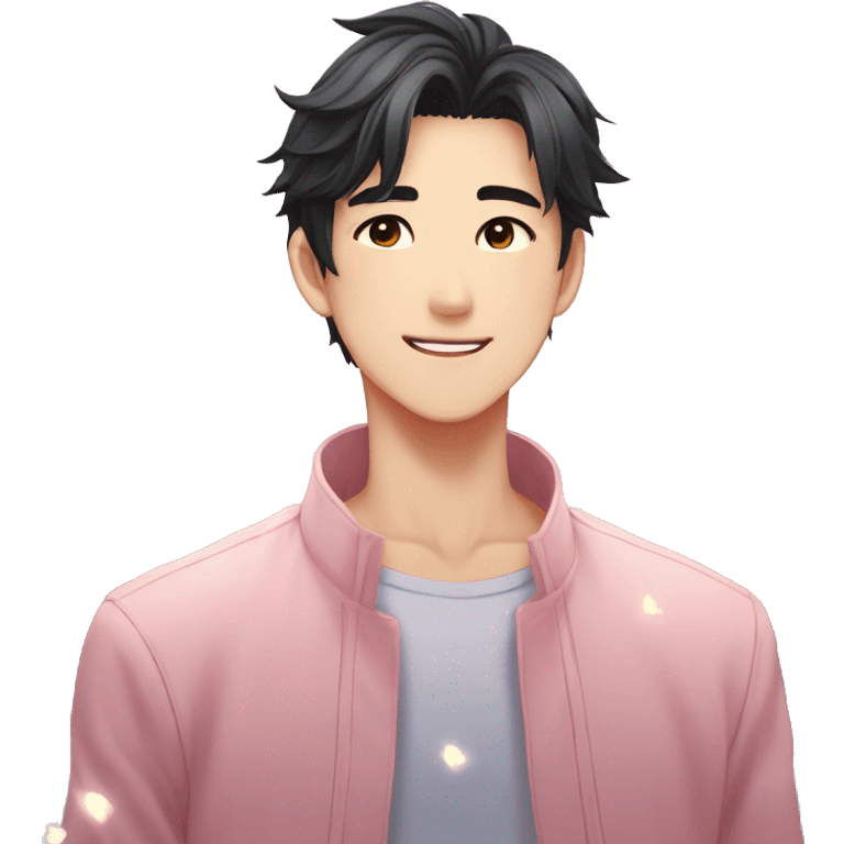 Gorgeous bright sparkly romantic Asian anime gentle man with blushing face aesthetic trending style outside emoji