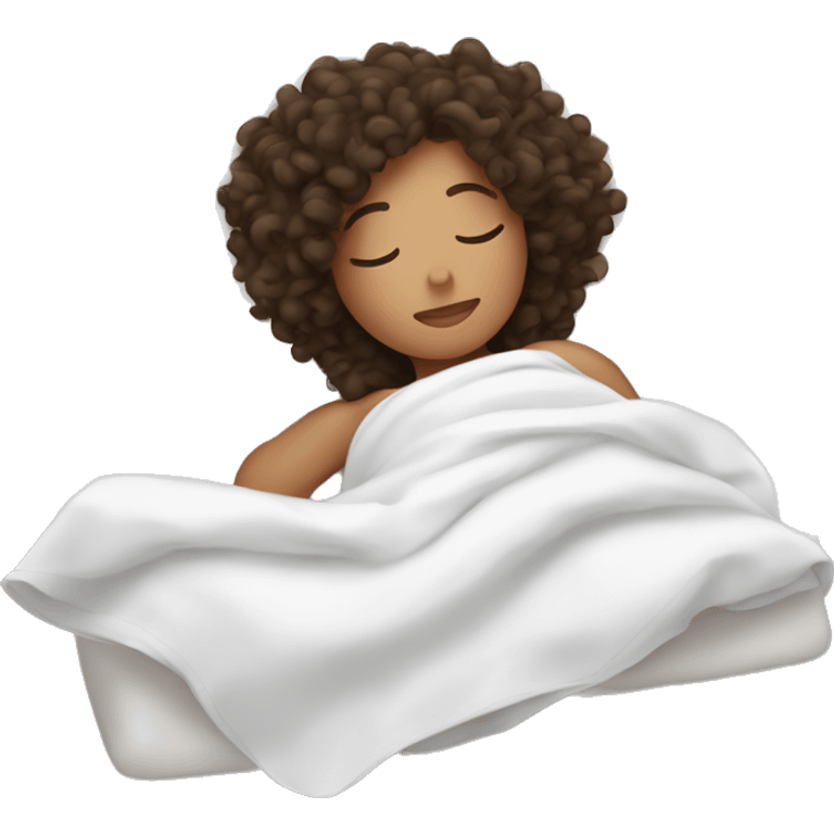 Curly brunette girl sleeping in bed with white sheets  emoji