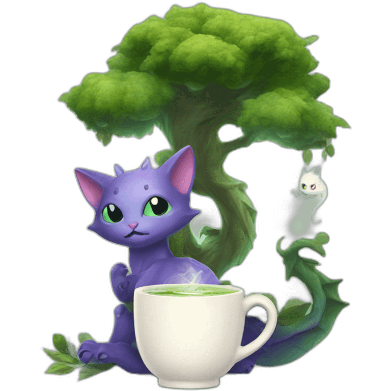 Kitty Dragon ghost with tea cup and tree emoji