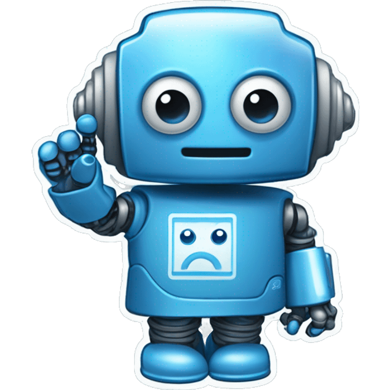 Sticker robot in blue tones waves his hand. The word "RoboCode" on clothes emoji