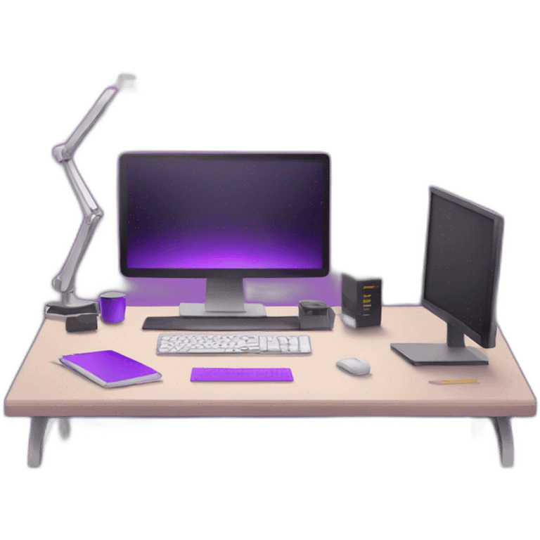 web developers desk with purple screen emoji