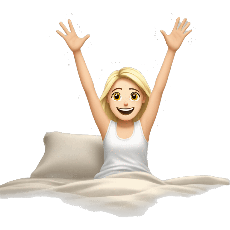 Happy pale girl wakes up in bed and stretches hands up in the air  emoji