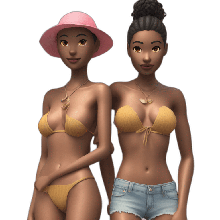 Fashion editorial style octane render, lush beach, stylized, two shot angle of a (naked Young Woman, skinny, fit, small breasts, bare belly, with mechanical sexy beach outfit. 1. 3) emoji