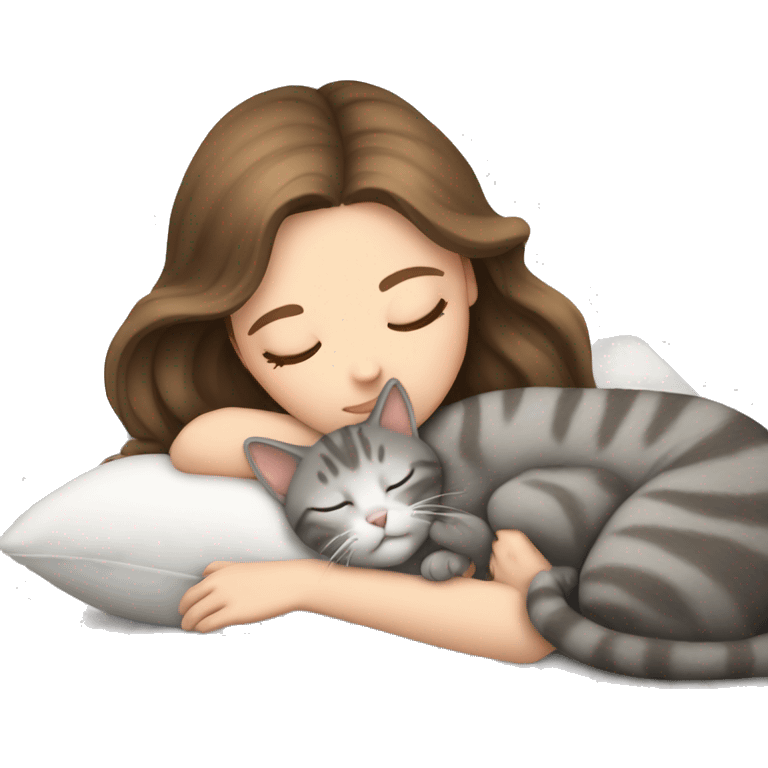 White girl brown hair sleeping with light grey kitty emoji