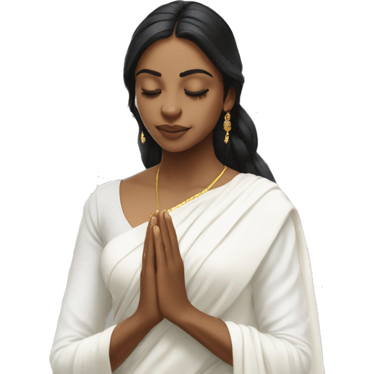 Light skin ;Black long hair wearing white saree praying infront a white temple emoji