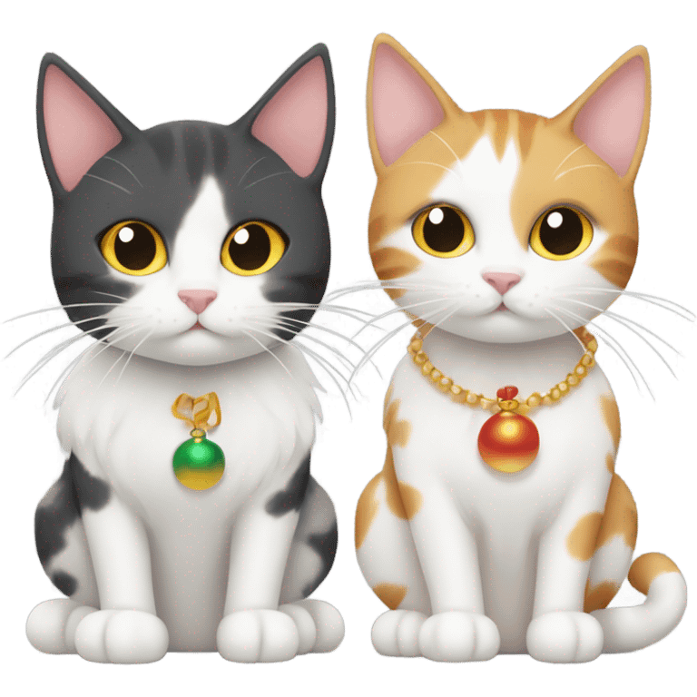 mysterious calico cat and white tabby cat words happy new year  emoji