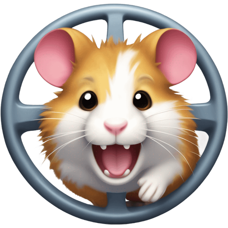 A cute, energetic hamster running inside a wheel, showing determination and focus. The hamster should look fluffy and cheerful, with vibrant colors and a playful vibe. emoji