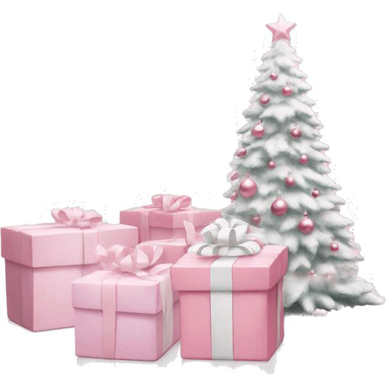 Light pink Christmas gifts under a white Christmas tree  emoji