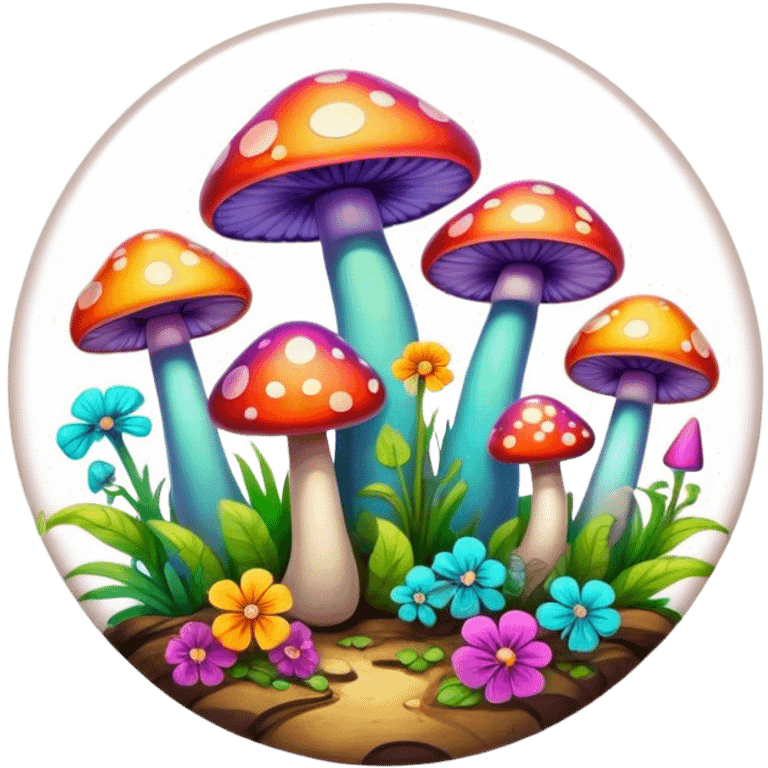 A round psychedelic colored button with beveled edges and colorful hippie style mushrooms emoji