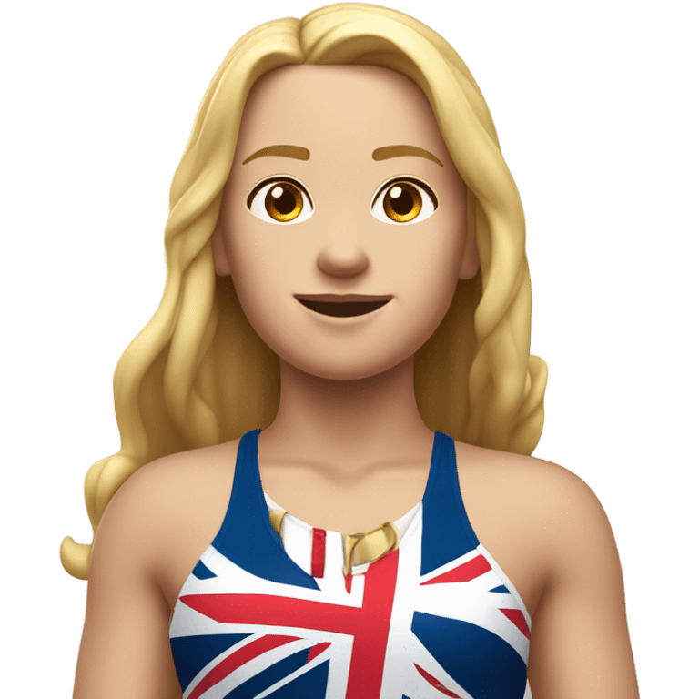 A girl with long blonde hair with wide shoulders wearing a Great Britain rowing swimming suit and has small muscles and add a necklace that has a sea shell pendant on it. The necklace is around the neck and the pendant is on her chest emoji