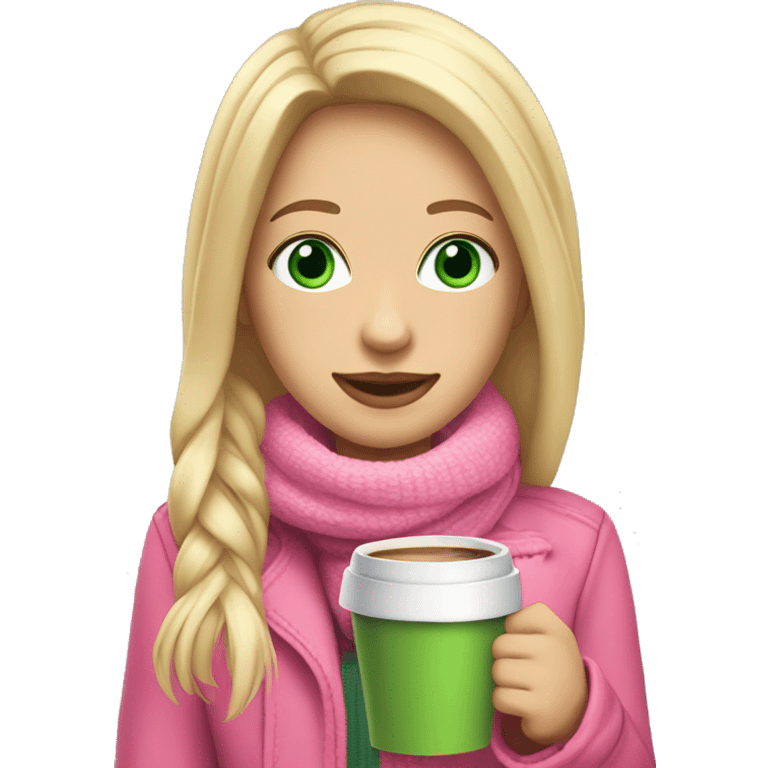 blonde girl long straight hair with green eyes a pink earmuffs pink jacket crème scarf with a hot coffee in her hand  emoji