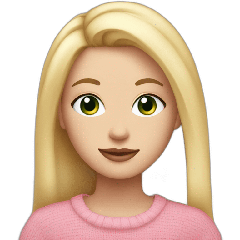 white girl, green eyes, blond staight hair pink lips pink sweater with smiley  emoji