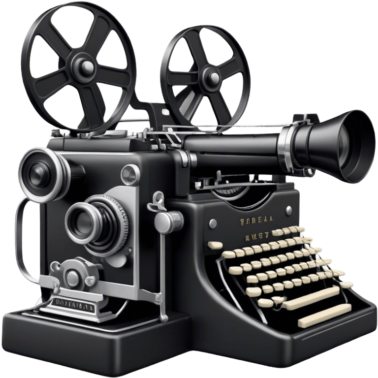 Create an emoji representing screenwriting. The design should feature an open script with visible dialogue and action lines, symbolizing the writing of a screenplay. Add a movie camera next to the script to emphasize the cinematic aspect of screenwriting. Include a classic typewriter to signify the process of creating a script. Use a professional color palette with black, white, and subtle metallic tones. Do not include any emojis or smiley faces. Make the background transparent. emoji