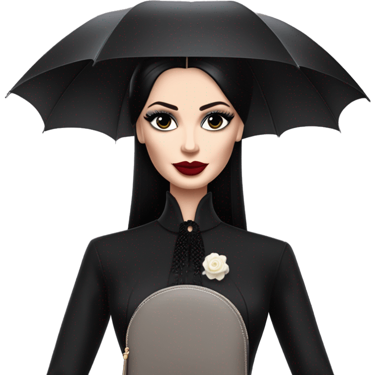 Parisienne Pretty Barbie Morticia Addams at a rainy funeral under umbrella, accessories gloves carrying clutch  emoji