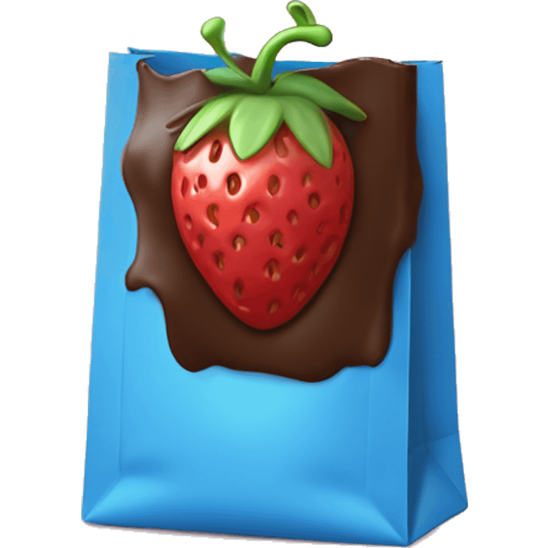 Chocolate covered strawberry’s in a blue bag that says “tru fru” on the front  emoji