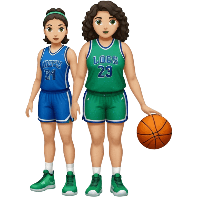 full body plus size light skin latino women basketball player with wavy dark hair large wide nose wearing blue with green uniform emoji