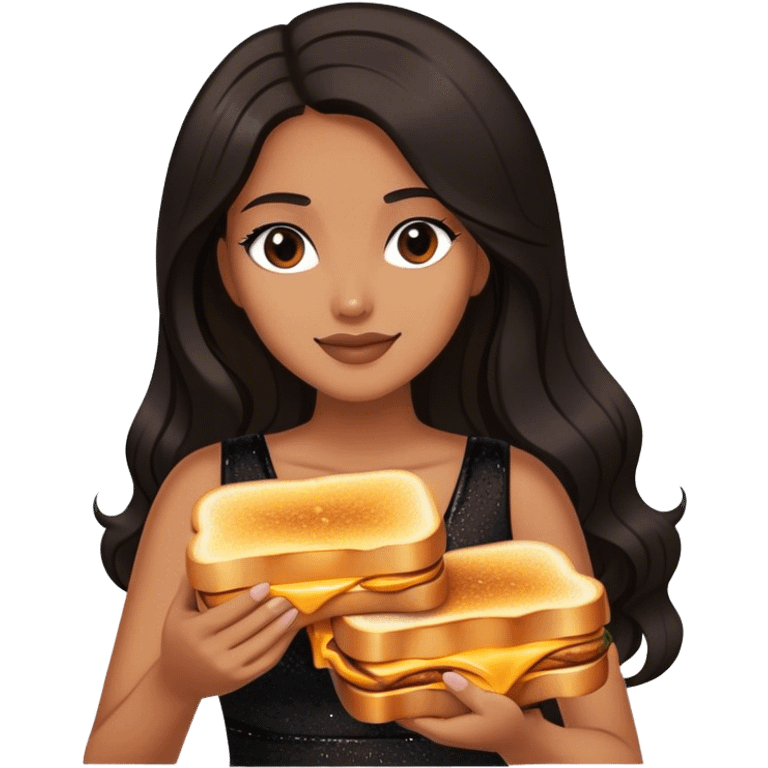 Beautiful woman in 1950’s woman fashion look, black shimmery dress, long dark brown hair, grilled cheese sandwiche emoji