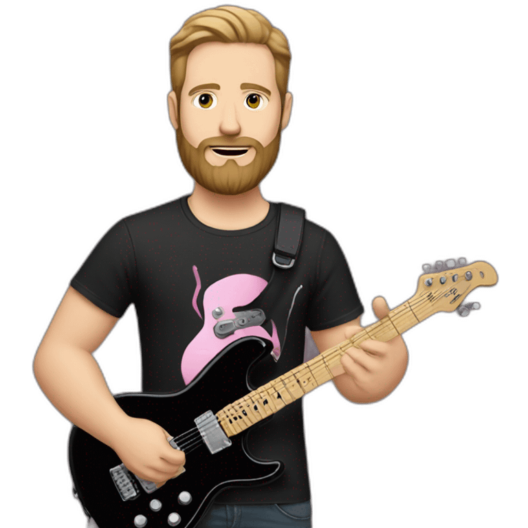 white man with beard and black t shirt and pink electric guitar emoji