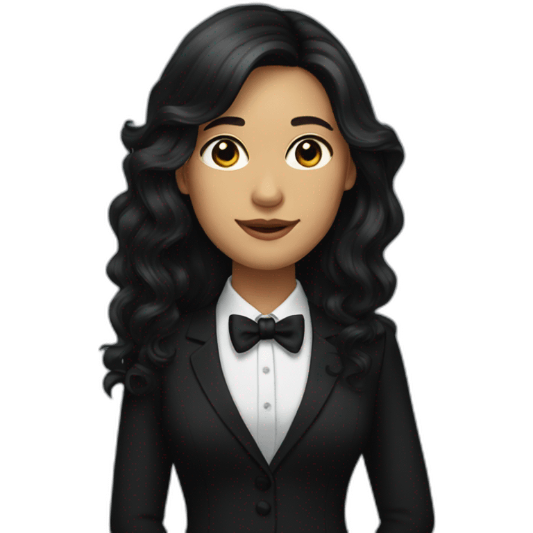 Woman with a long dark hair wearing black suit with a black bow tie emoji