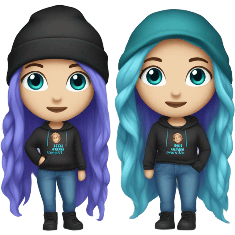 White girl, blue eyes, long teal hair, purple beanie hat, black hoodie, blue jeans, black shoes emoji