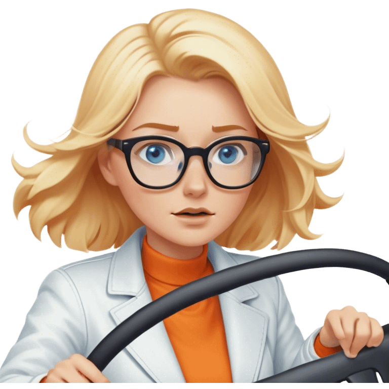 A cinematic realistic blonde with blue eyes and glasses, wearing a white jacket, is driving an orange car, her hair is slightly blowing in the wind emoji