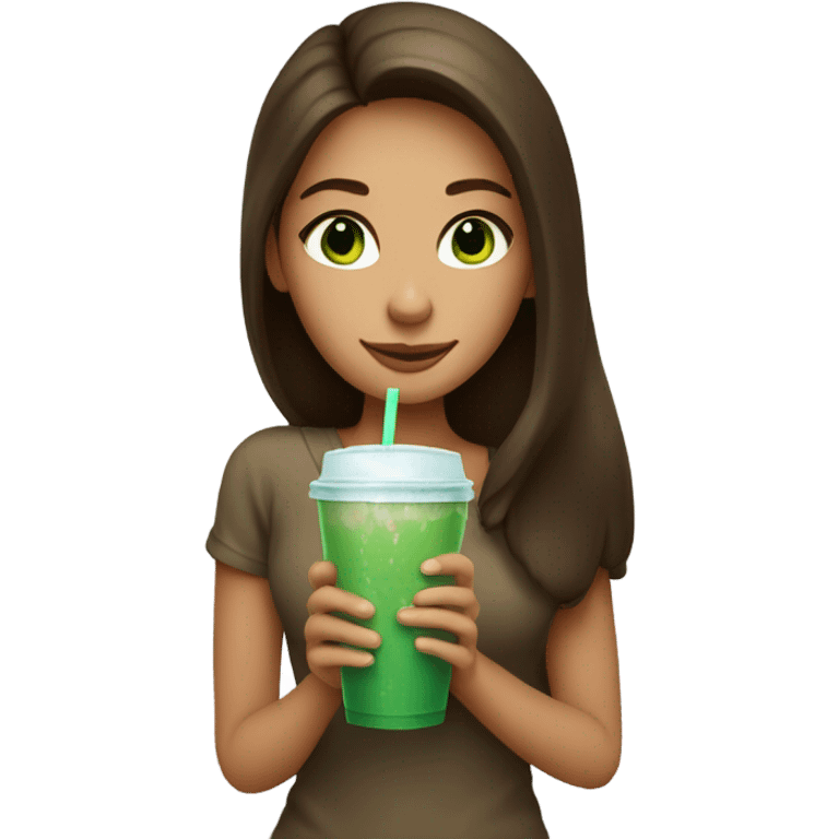 A girl with long brown hair, green eyes holding ice coffee  emoji