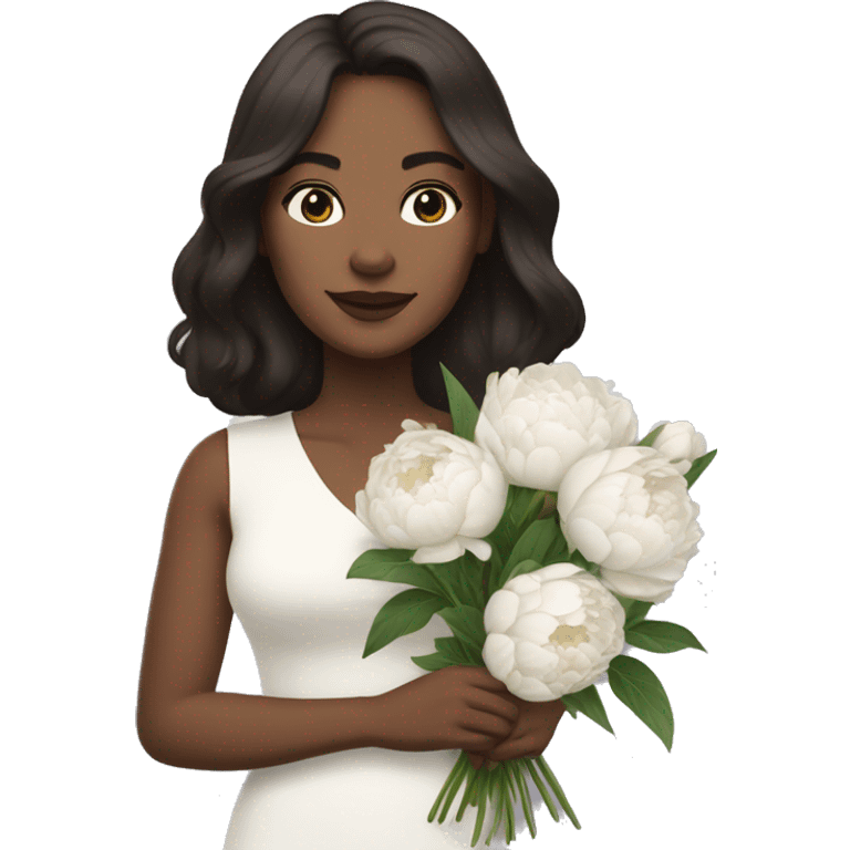 A woman with shoulder length dark brown hair holding a bouquet of white peonies emoji