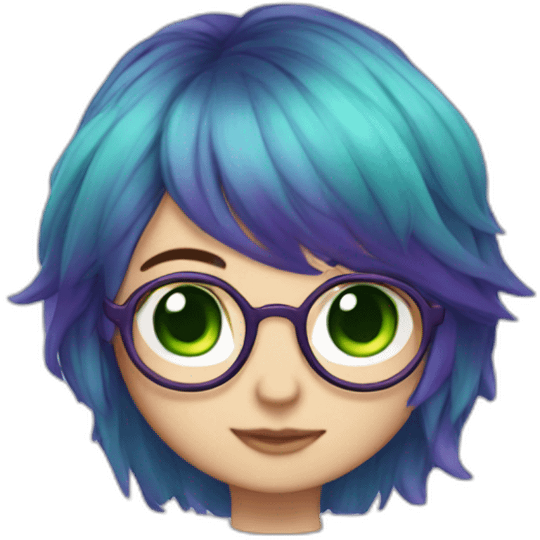 chibi, short blue and purple hair, green eyes, glasses emoji