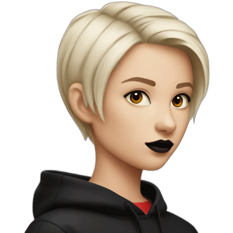 Tiny White girl lightly tanned with very short black dye haircut black eyes and black hair wearing black messa hoodie like alyx Vance and red lipstick  emoji