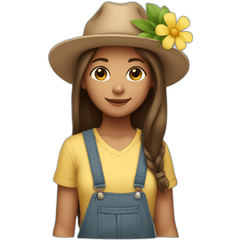 Girl with a flower in her hand, with a hat, brown straight hair emoji