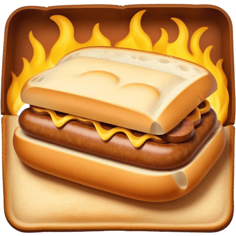 Sausage Sizzle Cinematic Realistic Sausage Sizzle Dish Emoji, depicted as a sizzling sausage tucked into a triangular slice of bread, rendered with rich textures and dynamic, warm lighting. emoji