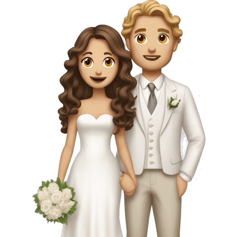 White couple on their wedding day, girl has long brown hair in curls emoji