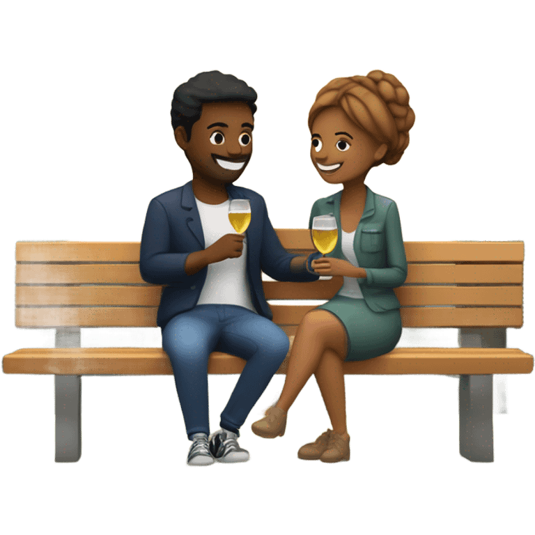 couple sitting closely on a park bench, enjoying a romantic moment. One person is holding a croissant, and the other is holding a glass of Prosecco. Surround them with a relaxed atmosphere, such as greenery or flowers, to create a cozy and intimate vibe emoji