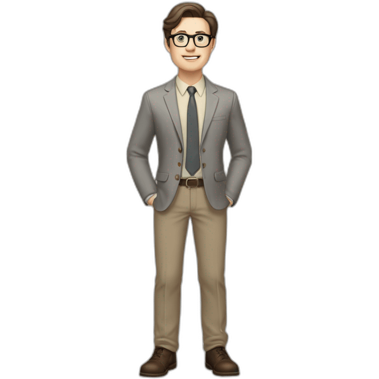 Full height Pale skinned Fit Man With dark brown hair in gray jacket, beige office shirt, tie, Brown pants and vintage glasses. Thrumbs of his palms directed up emoji