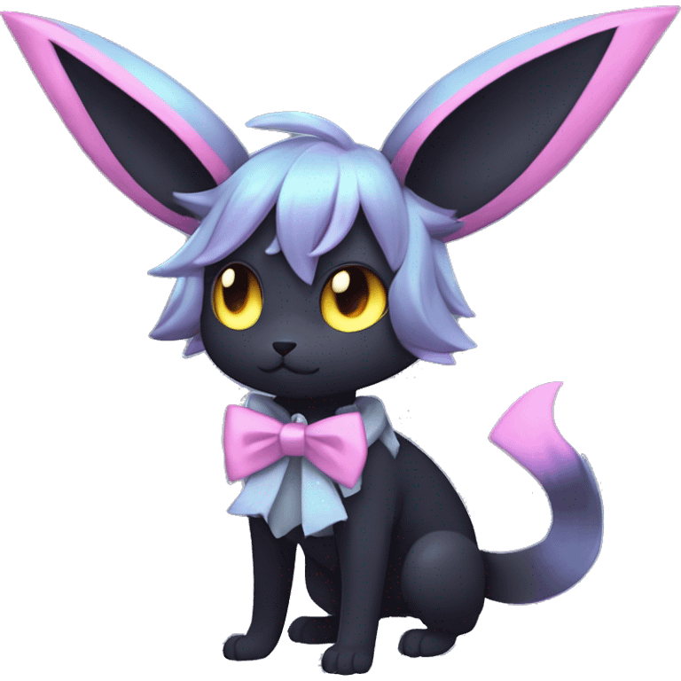 Shiny Cool Edgy pastel Black beautiful ethereal fantasy Kawaii Sona Umbreon-Noibat-Litten-Fakemon-cat-animal with edgy bat-ears bow tie black mane vtuber model Full Body emoji