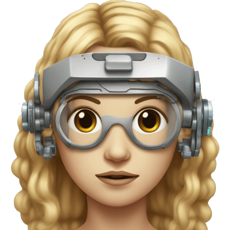 female cyborg head, fair skin, Brown long hair with blonde steaks, space age goggles and circuits emoji