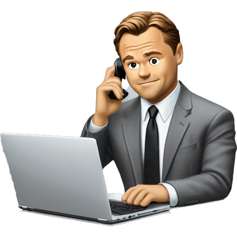 Leonardo di Caprio from Wolf of Wall Street taking a sales call on his laptop emoji