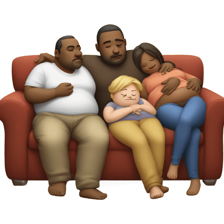 Family sitting on couch sleeping with fat belly’s after eating too much turkey emoji