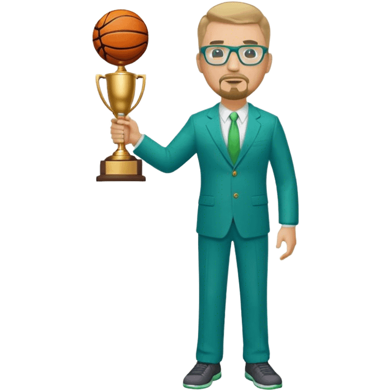 Full Body  heavy white man wearing glasses with a goatee with dirty blond very short hair basketball head Coach in blue and green suit holding trophy emoji